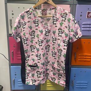 Pink Panda Print Womens Scrub Top, L
